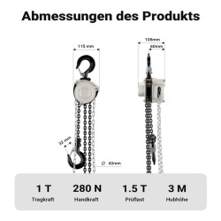 Käsinostin 1000 kg, nostokorkeus 3 m, G80-kuormaketju, hopea