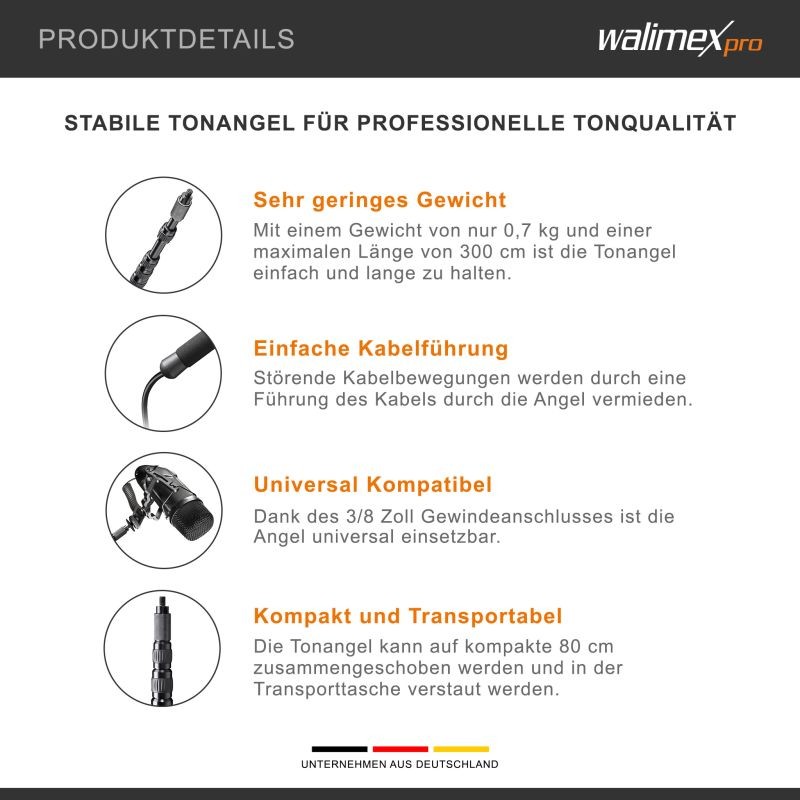 Walimex pro MicPipe mikrofonipuomi, musta, alumiini, max. pituus 3 m, kuljetuspituus 80 cm