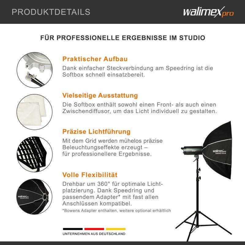 Walimex pro Essential okta-softbox 90 cm, Bowens- ja Profoto-sovittimet, kenno-grid ja kuljetuslaukku