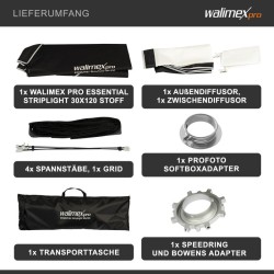Walimex pro Essential Striplight softbox 30 x 120 cm Profoto ja Bowens adapterit kenno