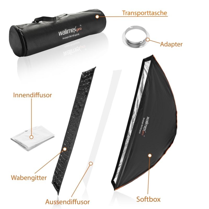 Walimex pro Studio Line Striplight Softbox 1400 x 300 x 600 mm, hopea, Elinchrom-adapteri, kenno, diffuusorit