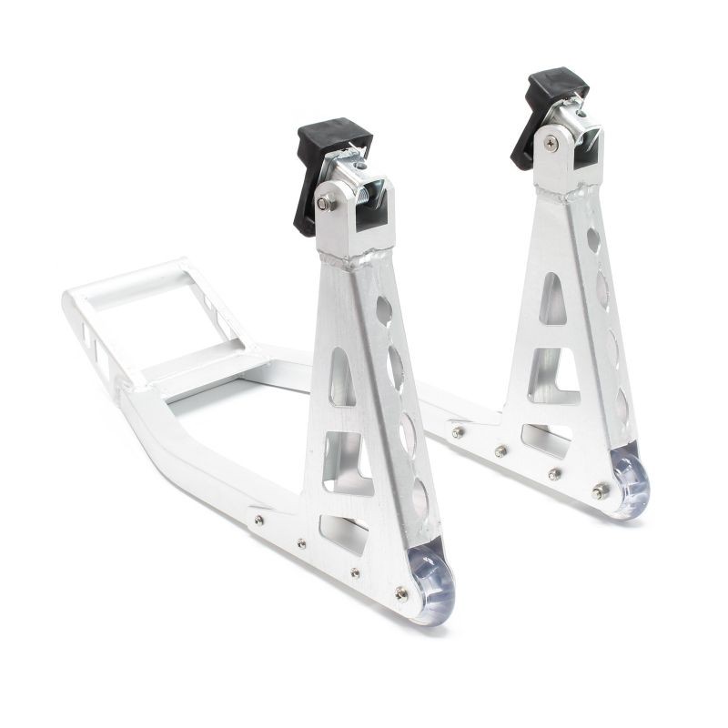 Moottoripyörän etupyöräteline, alumiini, 200–238 mm, max 317 kg, hopea
