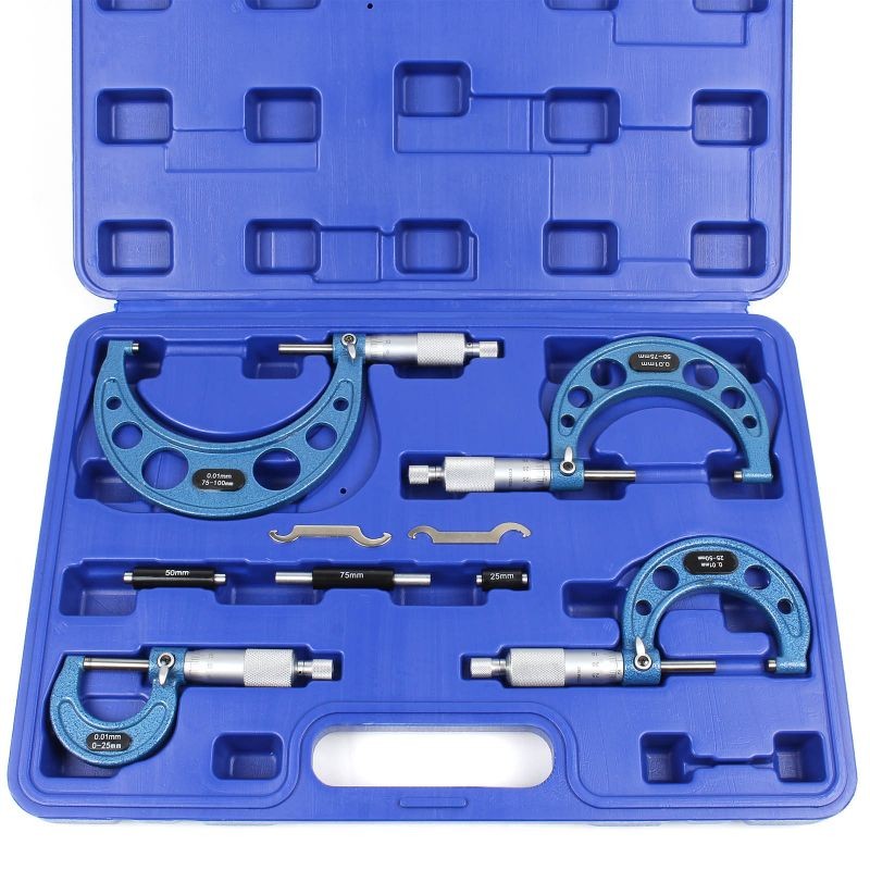 Mikrometrisetti 0–100 mm, 4 kpl, tarkkuus 0,01 mm, teräs, kotelolla