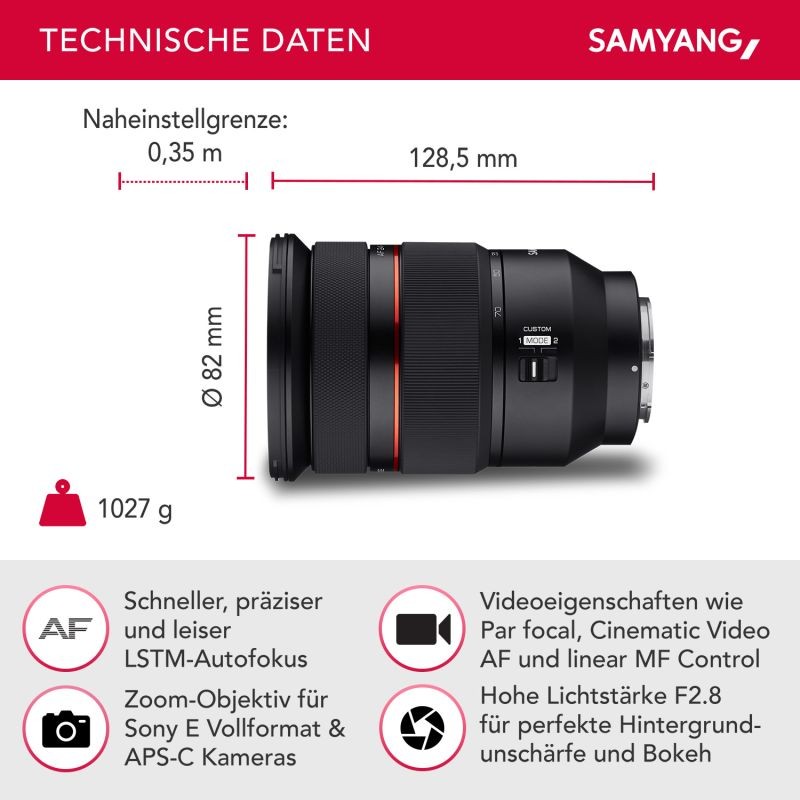 Samyang AF 24-70mm F2,8 FE zoom-objektiivi Sony E-kennoille (Täyskenno ja APS-C)