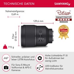 Samyang AF 135mm f/1.8 FE valovoimainen teleobjektiivi Sony E, Full-frame & APS-C, alumiinirunko, sääsuojaus