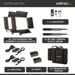 Walimex pro LED Rainbow 50W RGBWW -studiopaketti: 2 paneelivaloa, 2 jalustaa, akku ja laturi