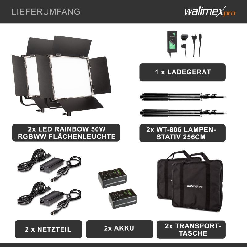 Walimex pro LED Rainbow 50W RGBWW -studiopaketti: 2 paneelivaloa, 2 jalustaa, akku ja laturi