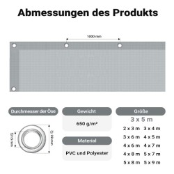 Säänkestävä suojapeite 3 x 5 m, harmaa, PVC-pinnoitettu polyesteri 650 g/m², vedenpitävä ja UV-kestävä