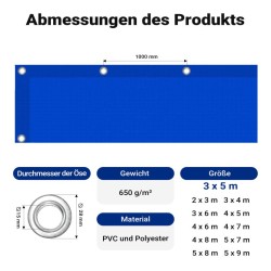 Säänkestävä suojapeite 3 x 5 m, sininen, 650 g/m², PVC-pinnoitettu polyesteri, UV-suojaus