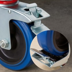 Kuljetuspyöräsarja 160 mm, sininen, 2 kpl jarrullinen kääntyvä pyörä ja 2 kpl kiinteä pyörä, 300 kg/pyörä