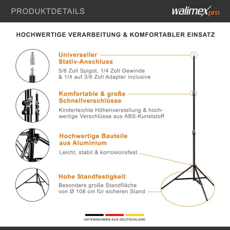 Walimex pro WT-806 jousivaimennettu valaisinjalkasetti 2 kpl, 256 cm, 6 kg, alumiini