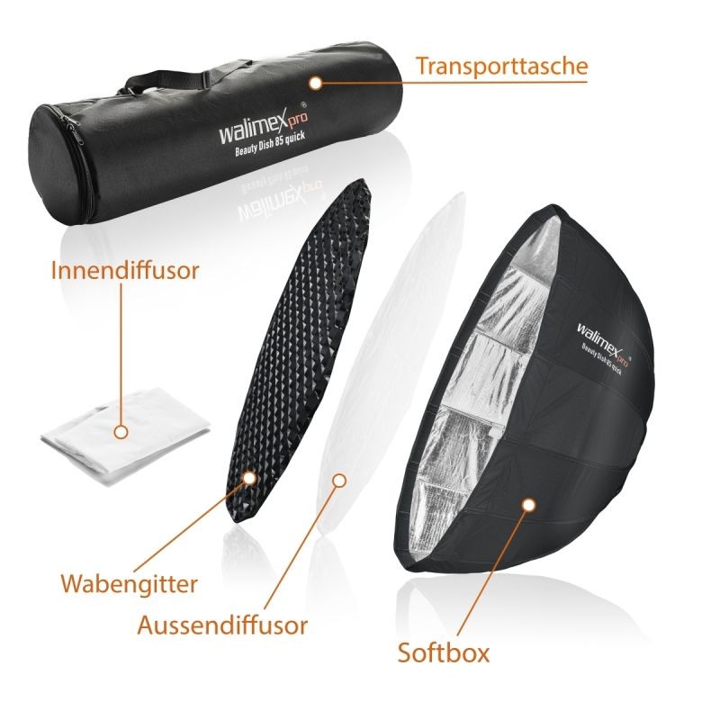 Walimex pro Studio Line Beauty Dish Softbox 85 x 40 cm QA85, kenno, diffuusorit, kantolaukku