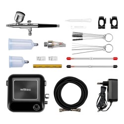 HS A9K Airbrush setti ja kompressori 1 5 bar autostop 12 V suuttimet 0 2 mm 0 3 mm 0 5 mm