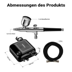 HS-A9K Airbrush-setti ja kompressori, 1,5 bar autostop, 12 V, suuttimet 0,2 mm, 0,3 mm, 0,5 mm