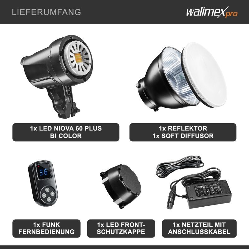 Walimex pro Niova 60 Plus Bi Color LED-studiovalo 60 W, 3200–5600 K, Bowens-kiinnitys