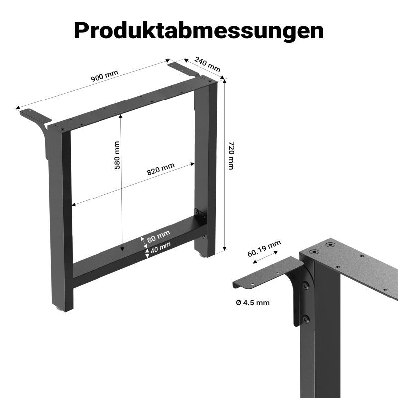 Teräspöytäjalat 2 kpl, musta pulverimaalattu, 90 x 72 cm