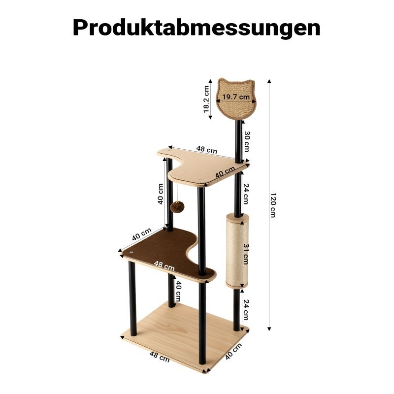 Fudajo kiipeilypuu 48 x 40 x 120 cm, 3 tasoa, sisal ja teräs, beige ja ruskea