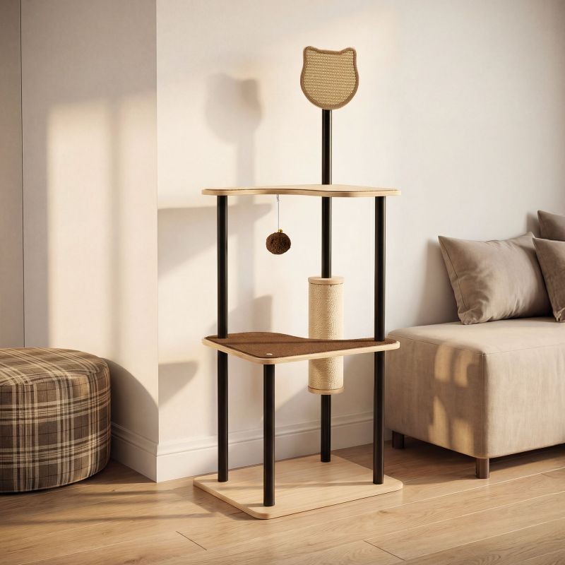 Fudajo kiipeilypuu 48 x 40 x 120 cm, 3 tasoa, sisal ja teräs, beige ja ruskea