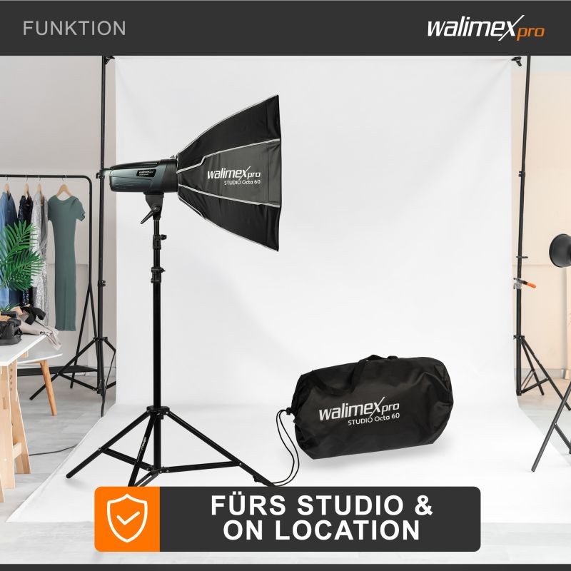 Walimex pro Octagon-softbox 60 cm, sisältää kennon, maskin, Bowens-adapterin ja kuljetuslaukun