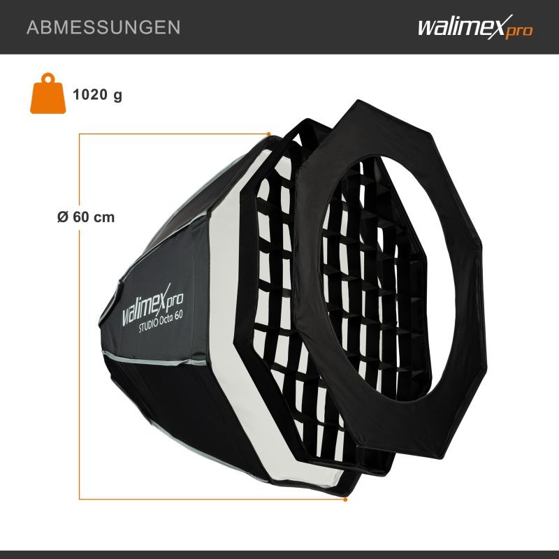 Walimex pro Octagon-softbox 60 cm, sisältää kennon, maskin, Bowens-adapterin ja kuljetuslaukun