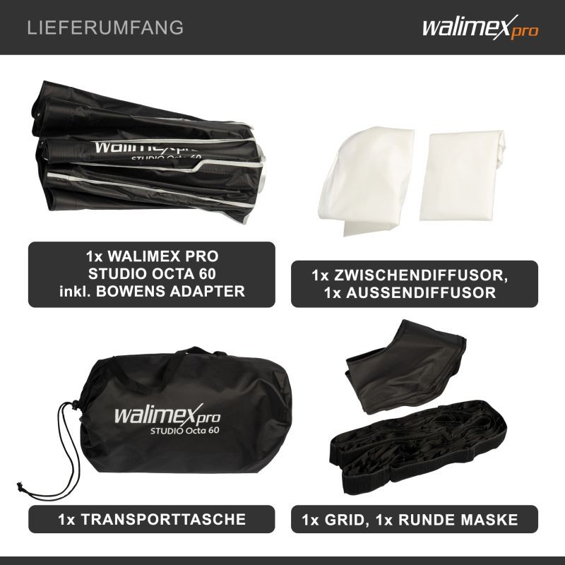 Walimex pro Octagon-softbox 60 cm, sisältää kennon, maskin, Bowens-adapterin ja kuljetuslaukun