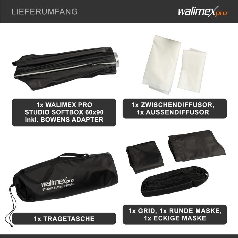 Walimex pro Studio Softbox 60x90 cm, 360° kääntyvä, kenno, maskit ja Bowens-adapteri