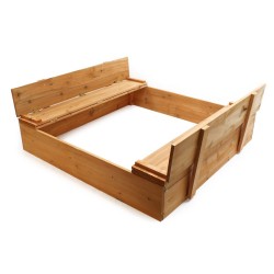 Puinen hiekkalaatikko kannella ja 2 penkillä 98 x 98 x 18 cm