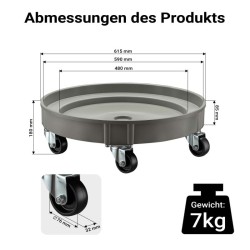 Tynnyrinkuljetin 400 kg, 615 x 615 mm, kääntyvät pyörät, polypropeeni, harmaa