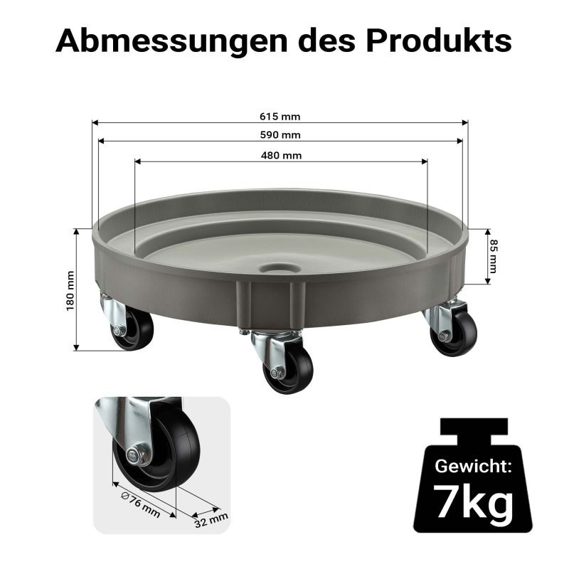 Tynnyrinkuljetin 400 kg, 615 x 615 mm, kääntyvät pyörät, polypropeeni, harmaa