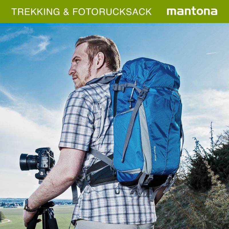 Mantona Elements Outdoor kamera- ja vaellusreppu, sininen, sadesuojalla ja jalustakiinnikkeellä