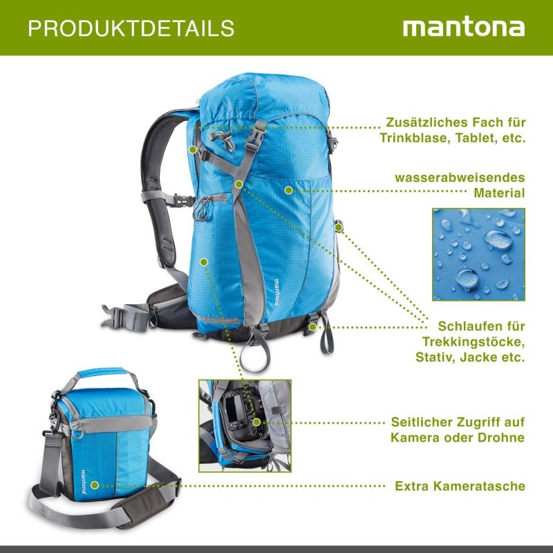 Mantona Elements Outdoor kamera- ja vaellusreppu, sininen, sadesuojalla ja jalustakiinnikkeellä