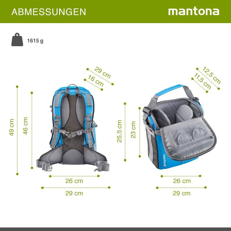 Mantona Elements Outdoor kamera- ja vaellusreppu, sininen, sadesuojalla ja jalustakiinnikkeellä