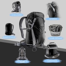 Mantona Elements Outdoor 2in1 kamera- ja vaellusreppu, musta, sadesuojuksella ja kolmijalokiinnityksellä