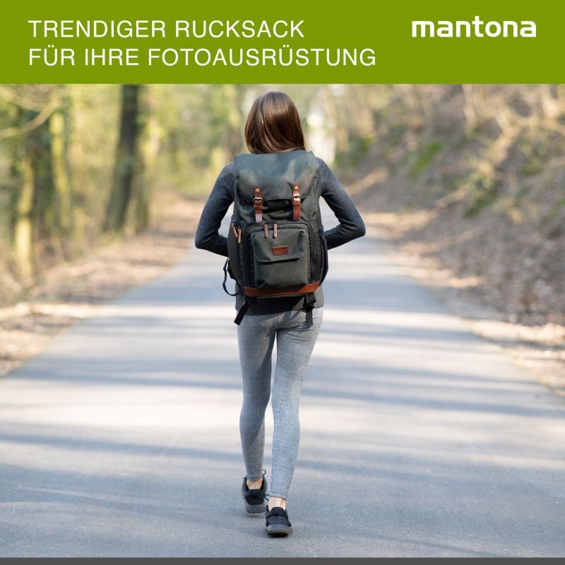 Mantona Luis Retro kamerareppu, oliivinvihreä, nahka, sadesuojalla ja tietokoneen lokerolla