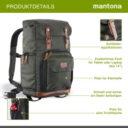 Mantona Luis Retro kamerareppu, oliivinvihreä, nahka, sadesuojalla ja tietokoneen lokerolla