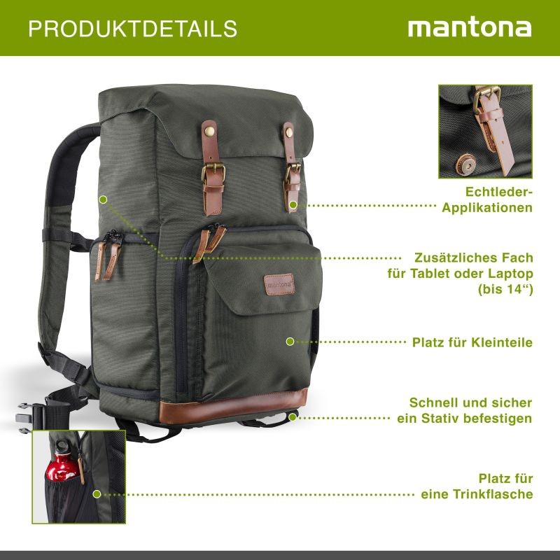 Mantona Luis Retro kamerareppu, oliivinvihreä, nahka, sadesuojalla ja tietokoneen lokerolla