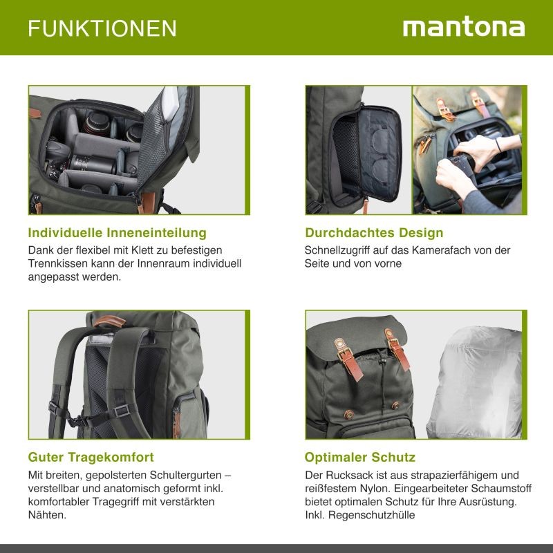 Mantona Luis Retro kamerareppu, oliivinvihreä, nahka, sadesuojalla ja tietokoneen lokerolla