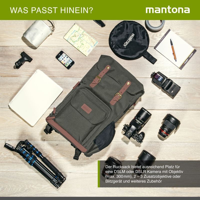 Mantona Luis Retro kamerareppu, oliivinvihreä, nahka, sadesuojalla ja tietokoneen lokerolla