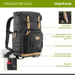 Mantona Luis Retro Kamerareppu, musta, nahka, laptop-lokero ja sadesuoja