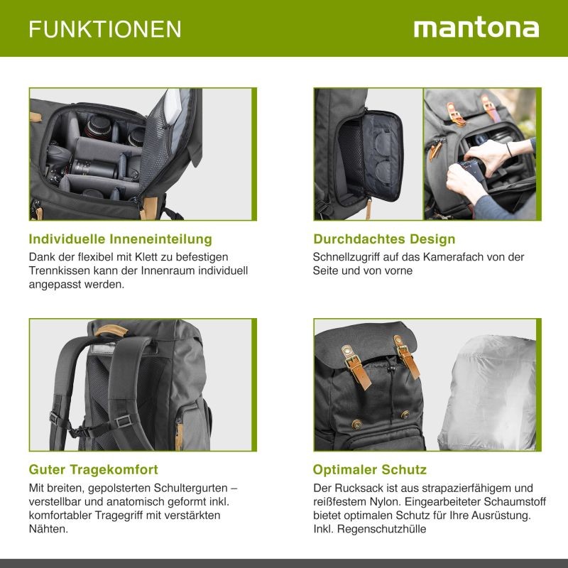 Mantona Luis Retro Kamerareppu, musta, nahka, laptop-lokero ja sadesuoja