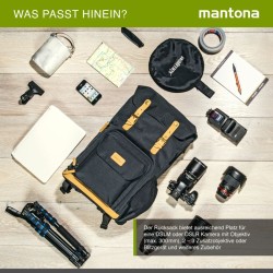 Mantona Luis Retro Kamerareppu, musta, nahka, laptop-lokero ja sadesuoja