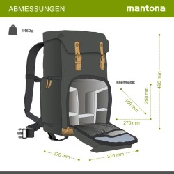 Mantona Luis Retro Kamerareppu, musta, nahka, laptop-lokero ja sadesuoja