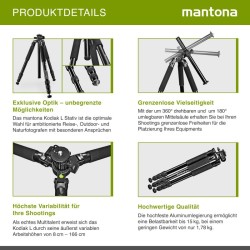 Mantona Kodiak L alumiinitraipodi, 8–166 cm, 15 kg kantavuus, taittuva keskiputki, ilman jalustapäätä