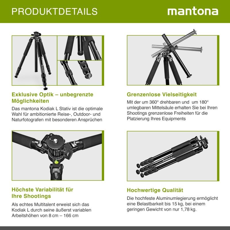 Mantona Kodiak L alumiinitraipodi, 8–166 cm, 15 kg kantavuus, taittuva keskiputki, ilman jalustapäätä