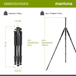 Mantona Kodiak L alumiinitraipodi, 8–166 cm, 15 kg kantavuus, taittuva keskiputki, ilman jalustapäätä