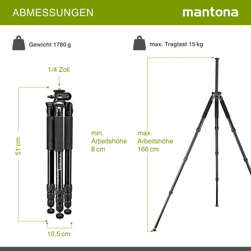 Mantona Kodiak L alumiinitraipodi, 8–166 cm, 15 kg kantavuus, taittuva keskiputki, ilman jalustapäätä