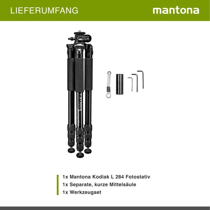 Mantona Kodiak L alumiinitraipodi, 8–166 cm, 15 kg kantavuus, taittuva keskiputki, ilman jalustapäätä