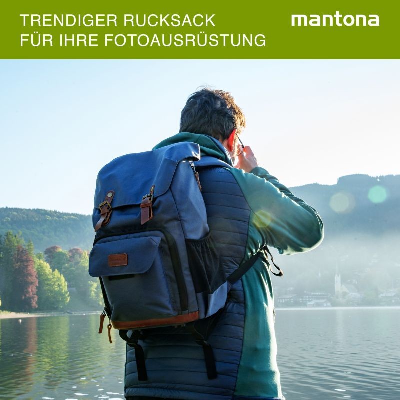 Mantona Luis Retro DSLR-kamerareppu, sininen, nahka, sadesuojalla ja kannettavan tietokoneen lokerolla