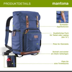 Mantona Luis Retro DSLR-kamerareppu, sininen, nahka, sadesuojalla ja kannettavan tietokoneen lokerolla