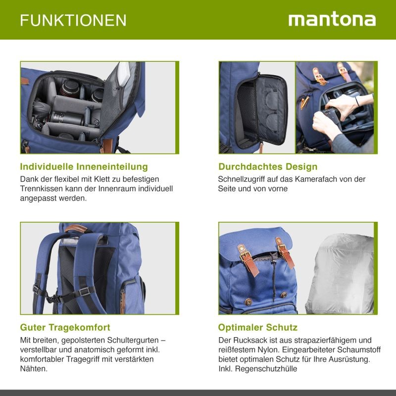 Mantona Luis Retro DSLR-kamerareppu, sininen, nahka, sadesuojalla ja kannettavan tietokoneen lokerolla